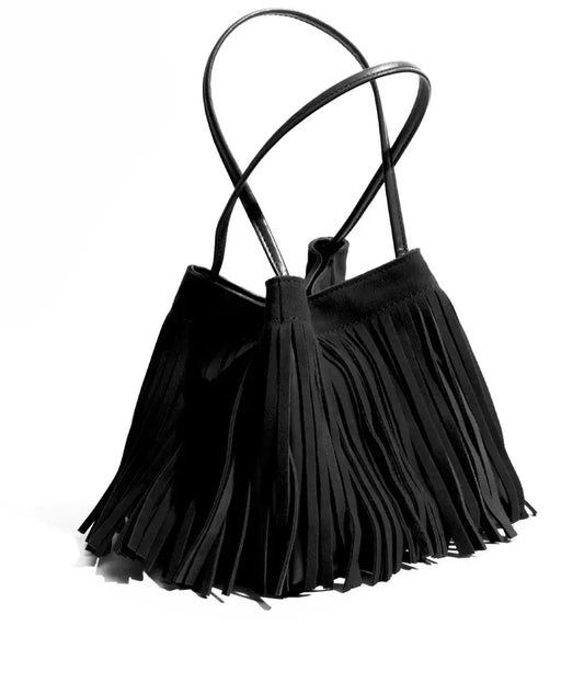 Sac Tote Daim FRAN en daim noir, style souple avec franges, double anse, fermeture zippée - SuzzaneMarket
