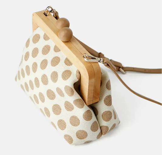Pochette Bandoulière Rétro en toile épaisse avec structure bois, motif à pois, taille 18x20 Cm, bretelles réglables.