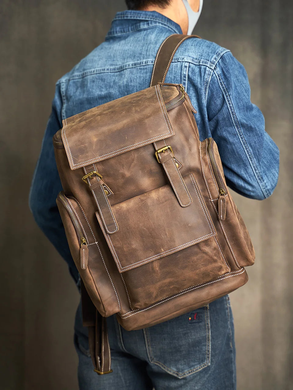Sac à Dos Noru en Cuir Véritable, Coffee 