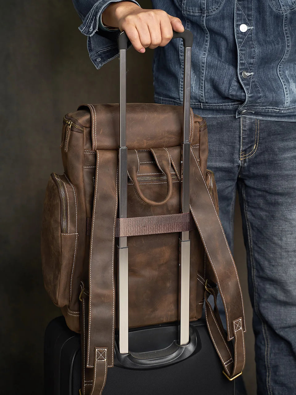 Sac à Dos Noru en Cuir Véritable, Coffee avec Sangle Voyage