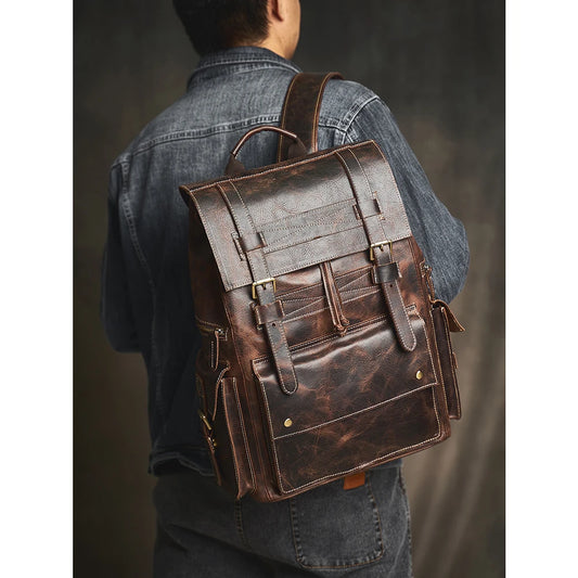 Sac à Dos Ojima en Cuir Véritable, Dark Coffee
