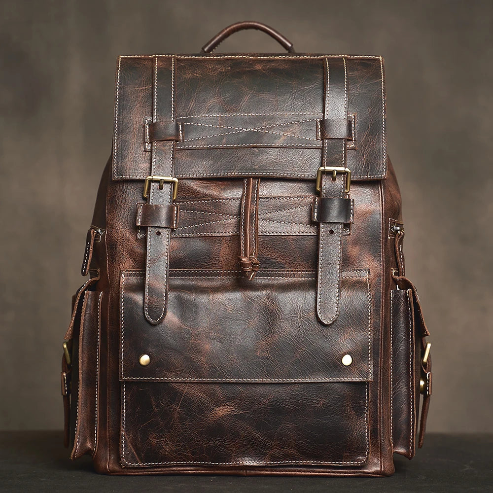 Sac à Dos Ojima en Cuir Véritable, Dark Coffee