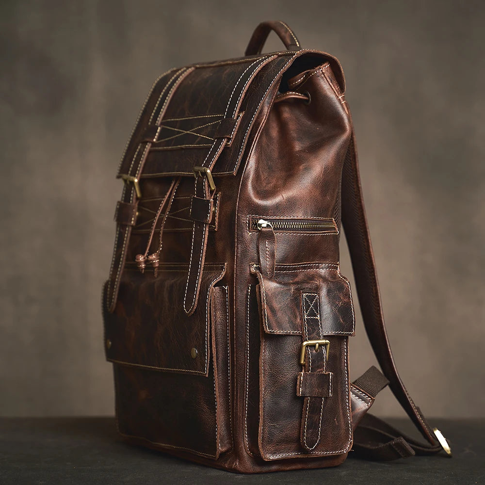 Sac à Dos Ojima en Cuir Véritable, Dark Coffee