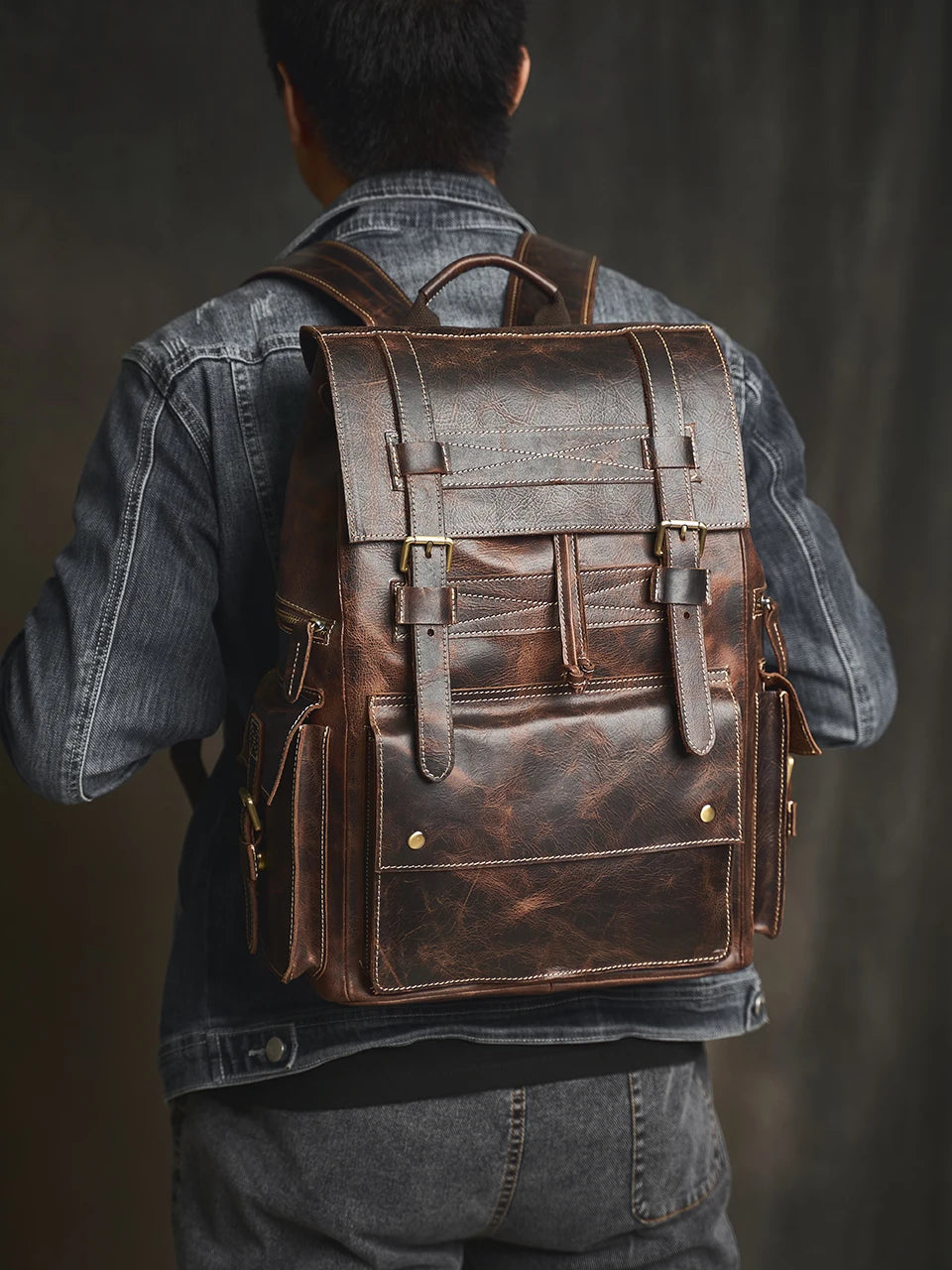Sac à Dos Ojima en Cuir Véritable, Dark Coffee