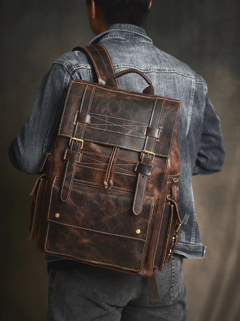 Sac à Dos Ojima en Cuir Véritable, Dark Coffee