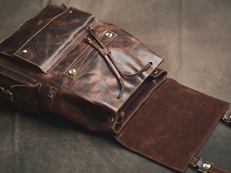 Sac à Dos Ojima en Cuir Véritable, Dark Coffee Détails Ouverture