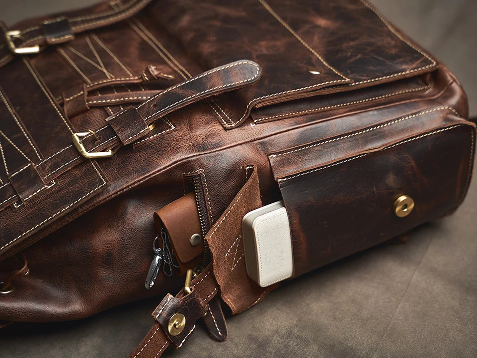 Sac à Dos Ojima en Cuir Véritable, Dark Coffee Détails Rangements