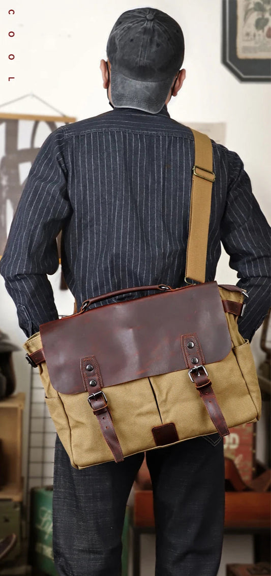 Sac Messager en Toile et Cuir Véritable