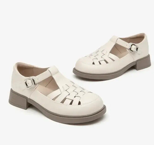 Sandales T-Bar compensées en cuir tressé beige avec boucle sur le côté | SuzzaneMarket