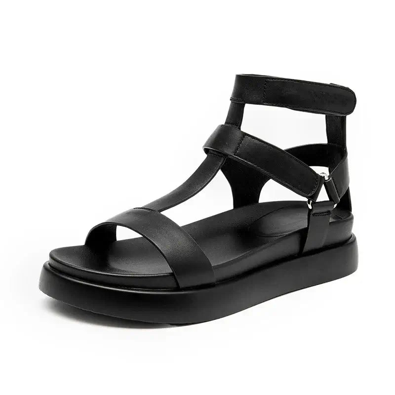 T-bar compensées sandales gladiateur noires avec double bride cheville |SuzzaneMarket