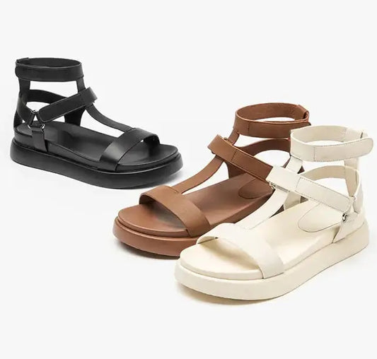 T-bar compensées sandales gladiateur en noir, marron et blanc avec double bride cheville | SuzzaneMarket