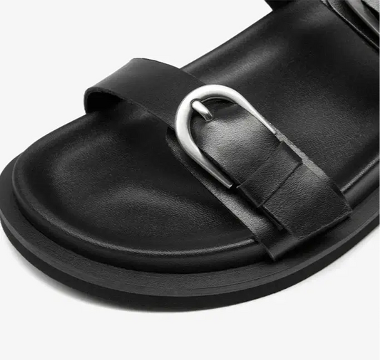 Claquettes Cuir Double Bride en cuir noir avec semelle épaisse et confort | SuzzaneMarket