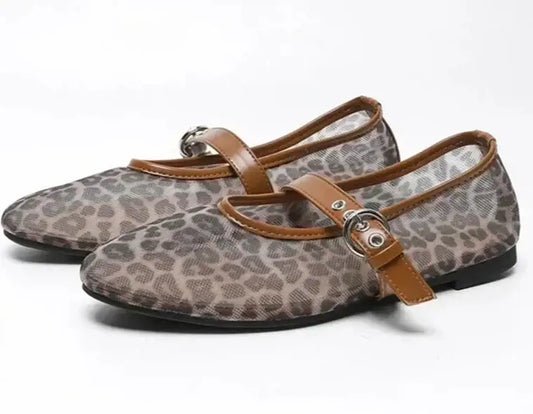Mary-Jane Textile Fin ballerines transparent avec bride à boucle et motif léopard |SuzzaneMarket