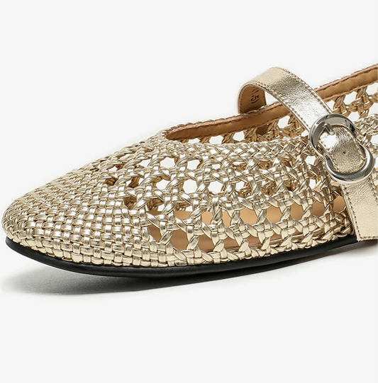 Mary Janes en cuir tressé doré avec bride boucle - élégant et confortable |SuzzaneMarket
