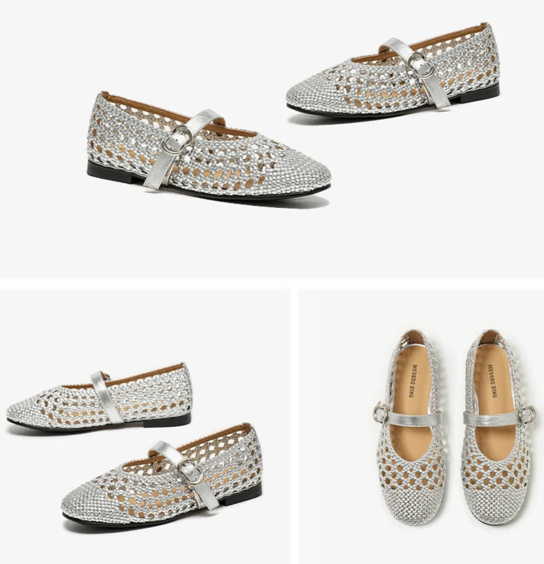 Mary Janes Cuir Soirée en cuir tressé argenté avec boucle | SuzzaneMarket