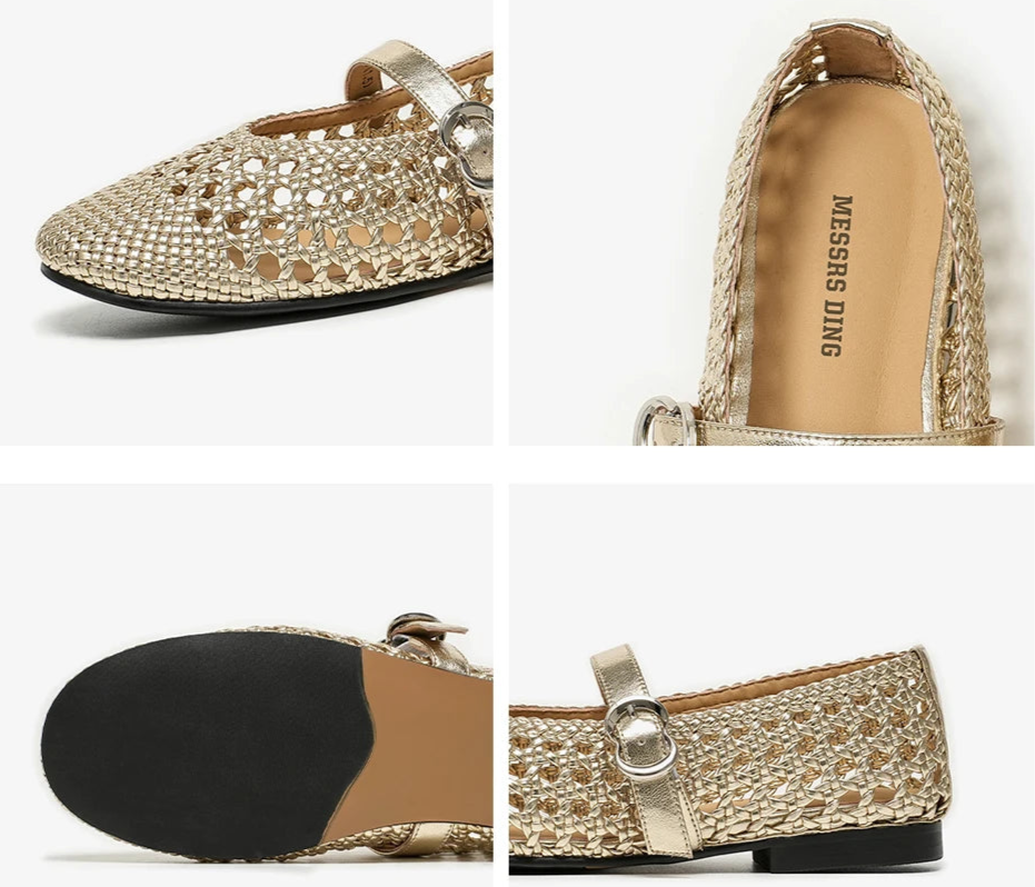 Mary Janes en cuir tressé doré avec boucle et semelle microfibre | SuzzaneMarket
