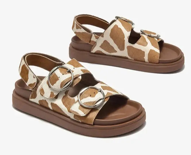 Sandales Cuir Poulain LASO avec double brides larges, semelle épaisse confort, motif girafe |SuzzaneMarket