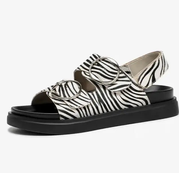 Sandales Cuir Poulain LASO avec motif zèbre, double brides, semelle épaisse confort | SuzzaneMarket