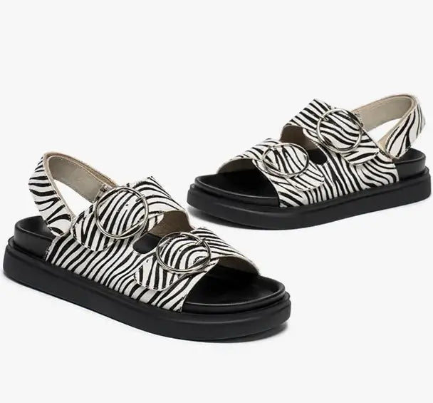 Sandales Cuir Poulain à rayures zébrées, double brides réglables, semelle épaisse confort, 3 couleurs | SuzzaneMarket