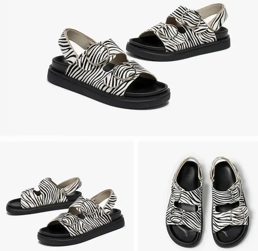 Sandales cuir Poulain à double brides noires et blanches, confort épais, bride arrière réglable | SuzzaneMarket.