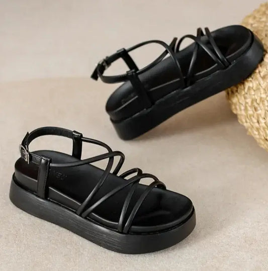 Sandales Romaines Plateforme en cuir noir, style Gladiator, semelle intérieure respirante | SuzzaneMarket