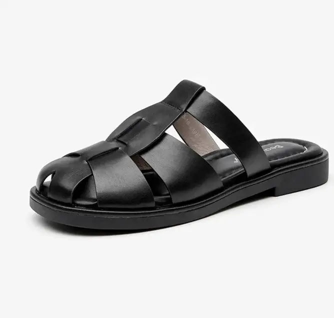 Claquettes Gladiator en cuir lisse noir, talon ouvert, semelle épaisse | SuzzaneMarket