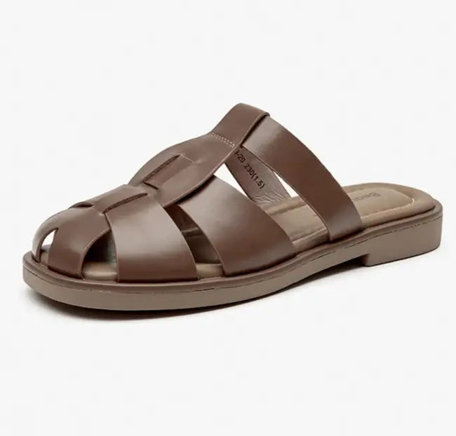 Claquettes Gladiator en cuir marron, talon ouvert, semelle intérieure cuir |SuzzaneMarket