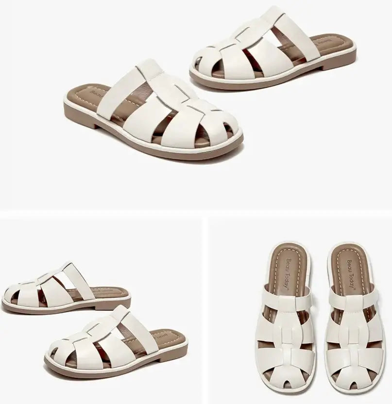Claquettes Gladiator Cuir blanches, talon ouvert, cuir lisse tressé, semelle intérieure cuir | SuzzaneMarket
