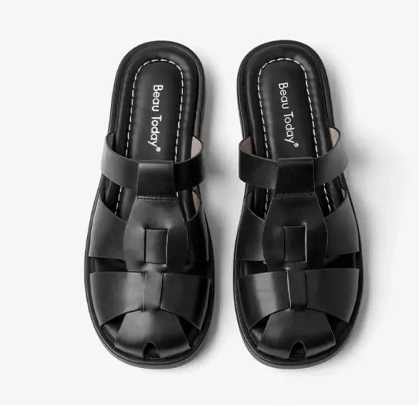 Claquettes Gladiator en cuir noir, talon ouvert, semelle épaisse 2,8 cm. Style moderne et confortable | SuzzaneMarket
