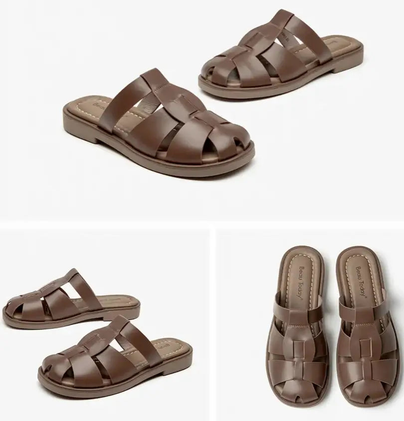 Claquettes Gladiator en cuir marron, talon ouvert, semelle épaisse, confortables et élégantes | SuzzaneMarket