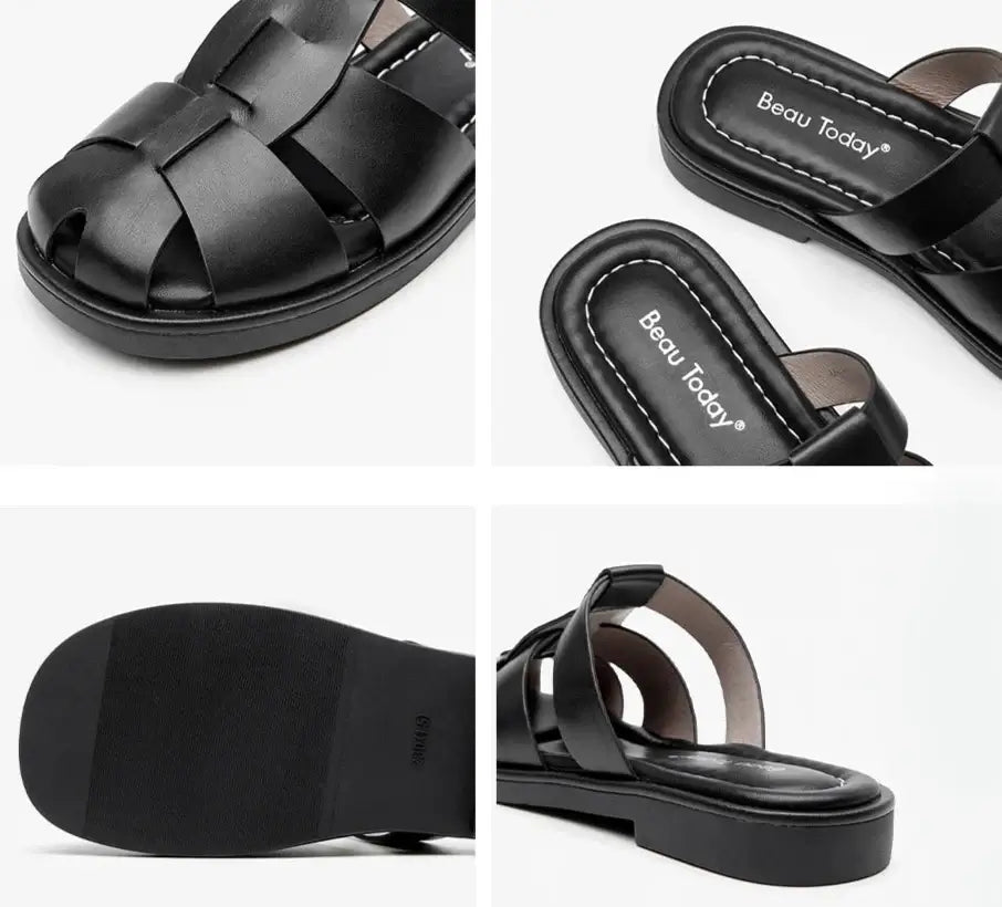 Claquettes Gladiator en cuir noir avec semelle épaisse. Style moderne et confortable | SuzzaneMarket.