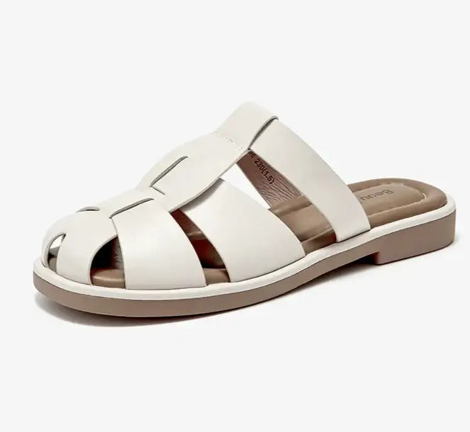 Claquettes Gladiator Cuir blanches à talon ouvert et bout rond, semelle intérieure cuir, style tendance | SuzzaneMarket