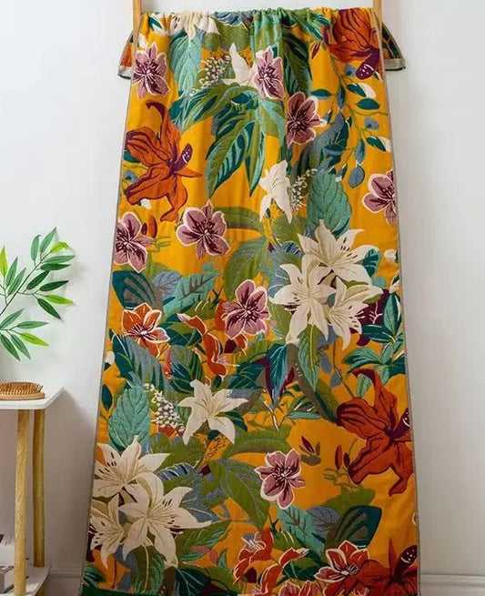 Robust floral fabric curtain in vibrant yellow and green, enhancing any room's decor |SuzzaneMarket