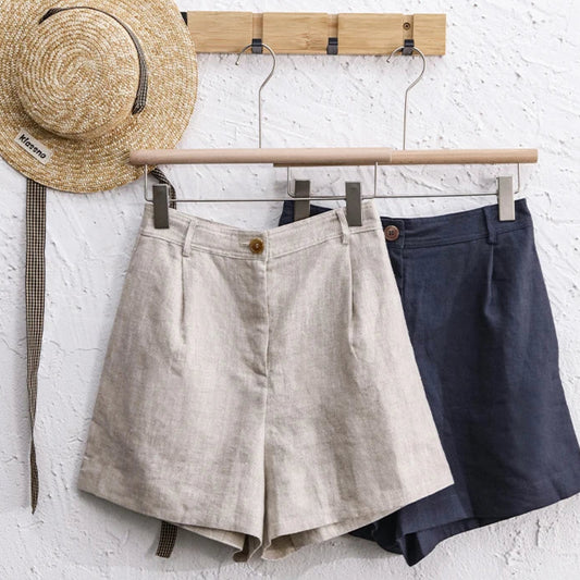 Shorts en lin classique beige et noir avec poche latérale, coupe large et fermeture éclair | SuzzaneMarket