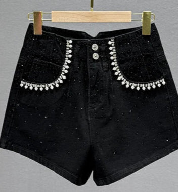 Short jeans with diamond appearance, embellished pockets, high waist, slim fit, non-stretch fabric | SuzzaneMarket