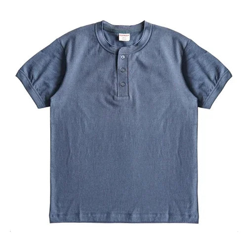 T-Shirt Col Henry 100% Coton Haute Qualité Bleu
