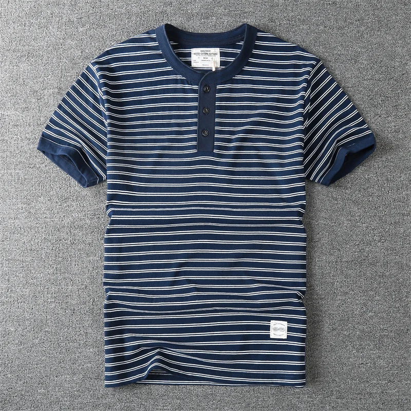 T-Shirt Rayé Col Henry 100% Coton Bleu Marine