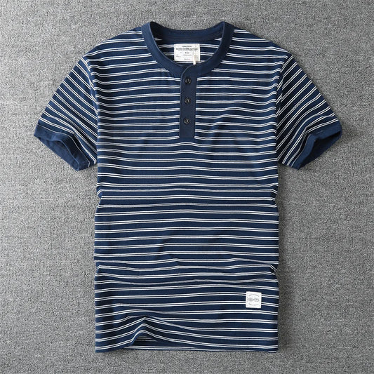 T-Shirt Rayé Col Henry 100% Coton Bleu Marine