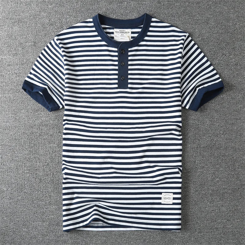 T-Shirt Rayé Col Henry 100% Coton Bleu Royal