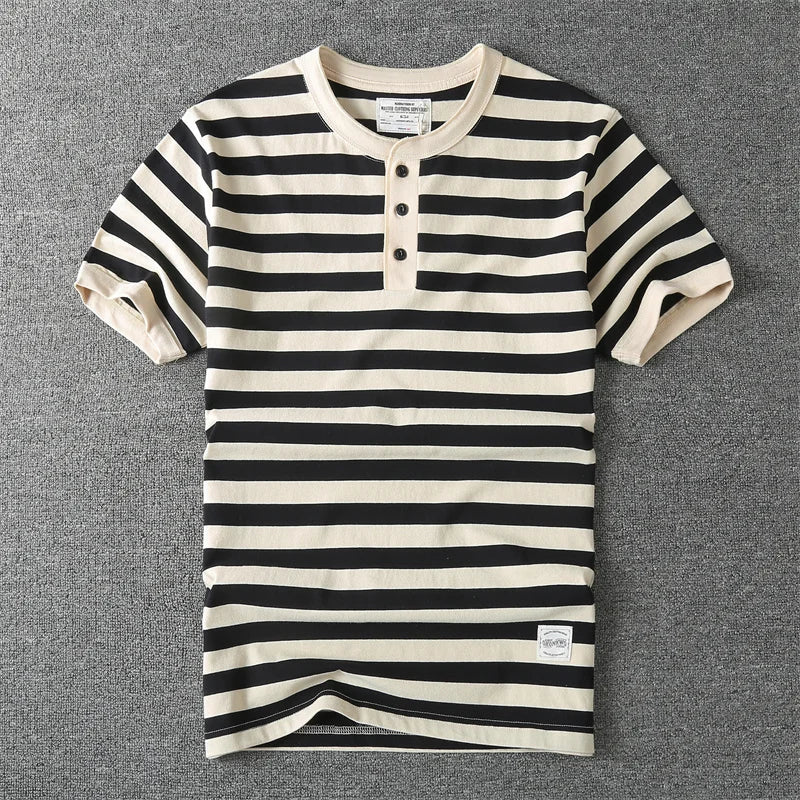T-Shirt Rayé Col Henry 100% Coton Noir et Blanc