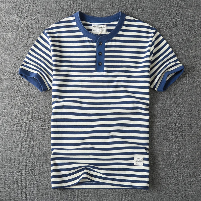 T-Shirt Rayé Col Henry 100% Coton bleu