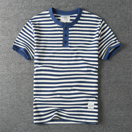 T-Shirt Rayé Col Henry 100% Coton bleu