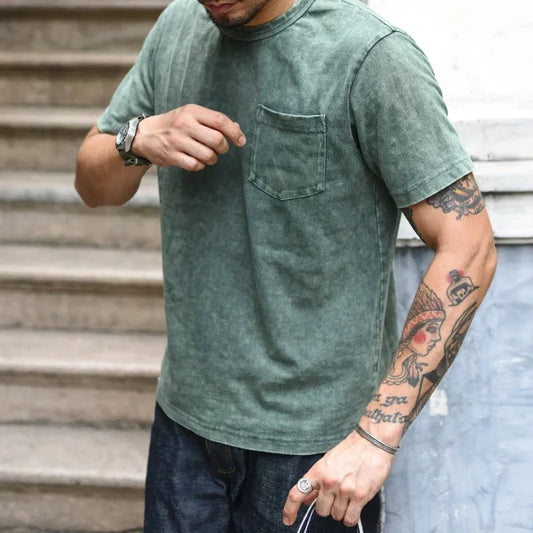 T-Shirt Vintage Pocket  100% Coton Haute Qualité Vert Délavé