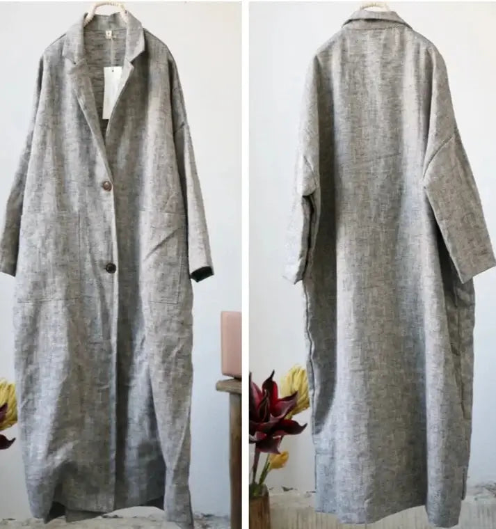 Trench Lin Froissé gray linen coat with oversized fit, simple button closure, and wrinkled texture | SuzzaneMarket
