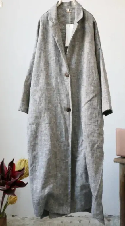 Trench Lin Froissé manteau long en lin non doublé, coupe oversize, aspect froissé | SuzzaneMarket