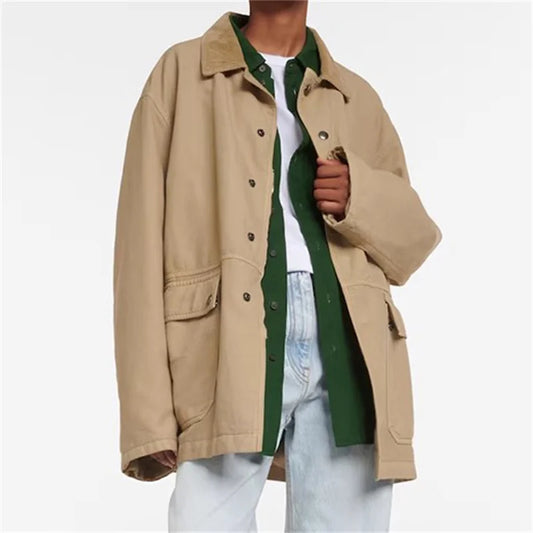 Beige trench court jacket with green collar, button closure, and pockets. Stylish and windproof | SuzzaneMarket.