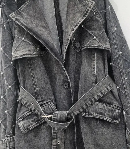 Trench jeans parements gris délavé avec broderies et ceinture nouée | SuzzaneMarket