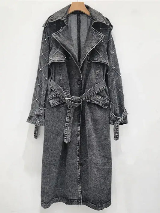 Long gray denim trench coat with embroidered detailing and belt | SuzzaneMarket
