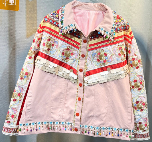 Veste Gipsy patchwork brodée à la main avec perles, doublée rose, coupe large | SuzzaneMarket