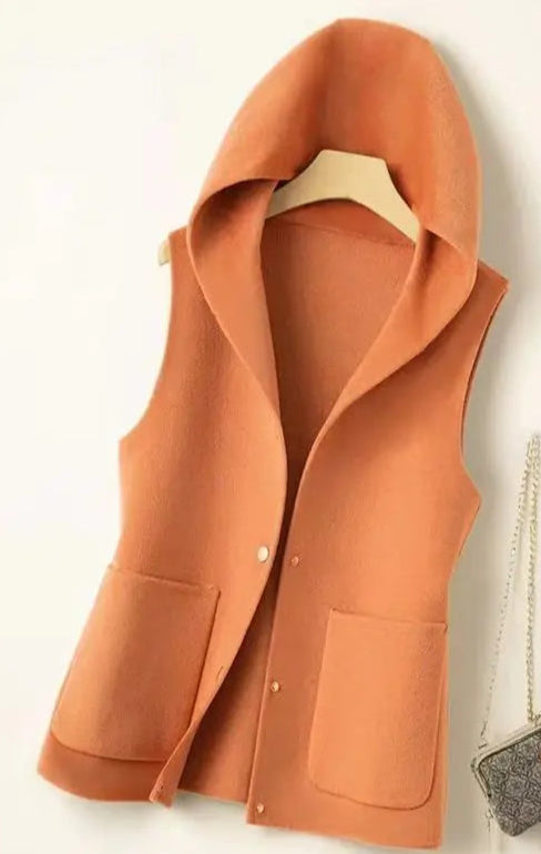 Veste tissage laine orange avec capuche, fermeture à pressions, coupe regular - SuzzaneMarket